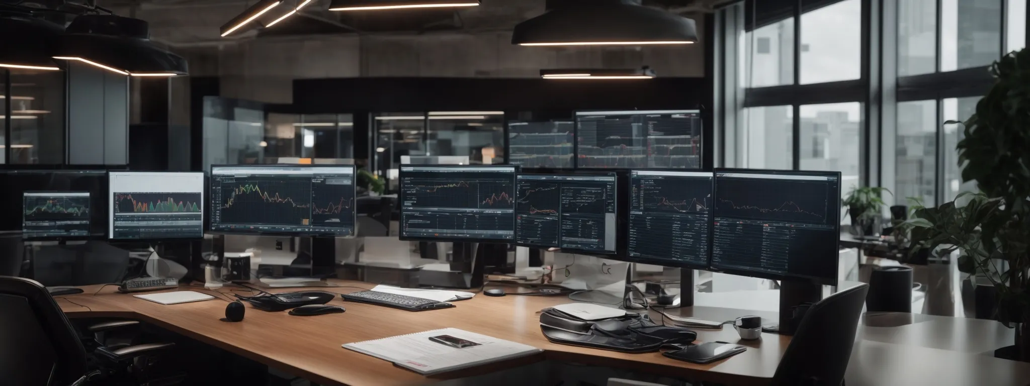 Modern office workspace with multiple computer monitors displaying financial charts and data, a keyboard, mouse, office supplies, and large windows in the background.