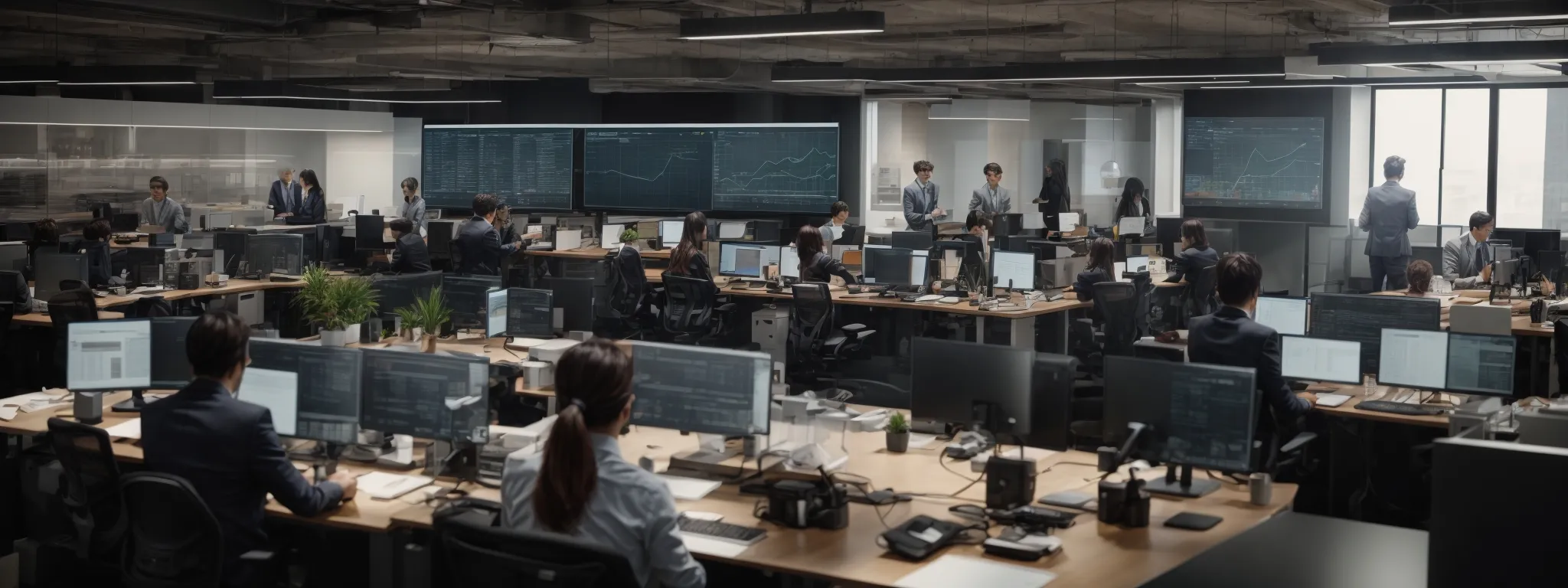 Large modern office with multiple employees working at desks, several computer monitors displaying charts, and people collaborating in groups.