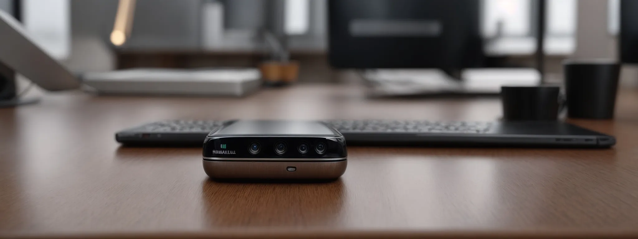 a smartphone rests on a modern desk next to a computer, symbolizing the integration of voice search technology in a contemporary office setting.