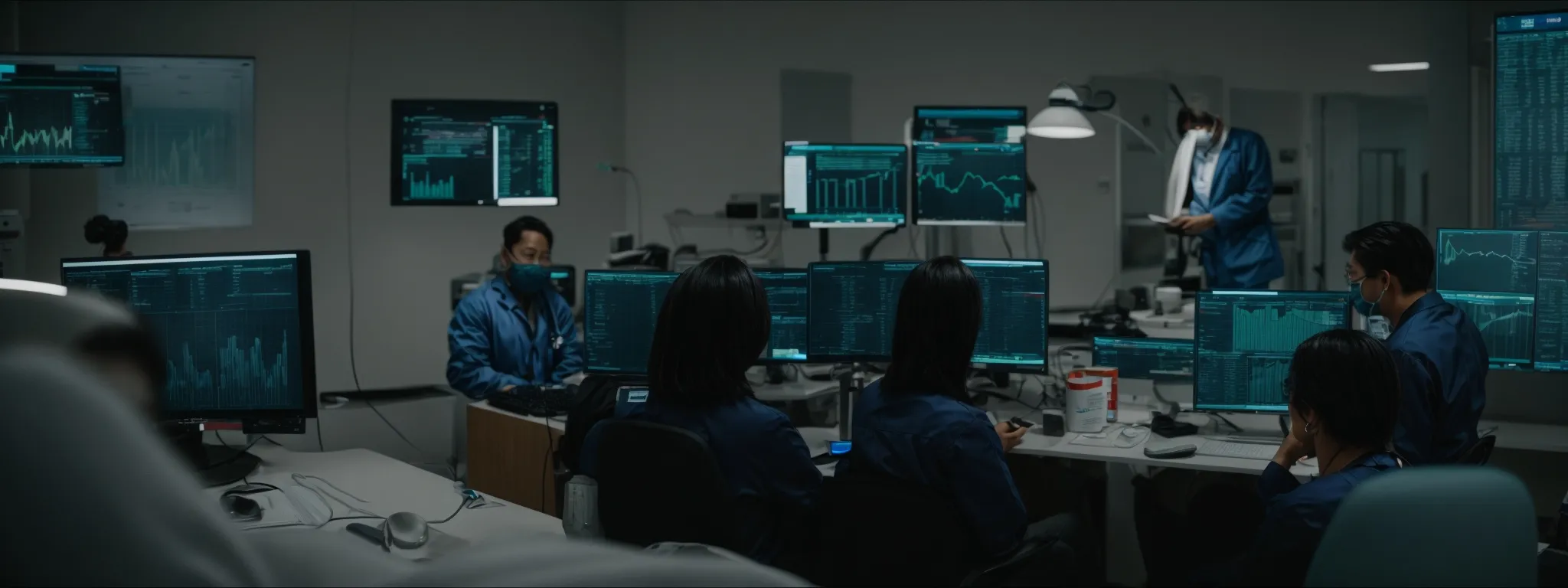 a group of healthcare professionals is gathered around a computer screen, reviewing complex charts and graphs that represent patient data trends.