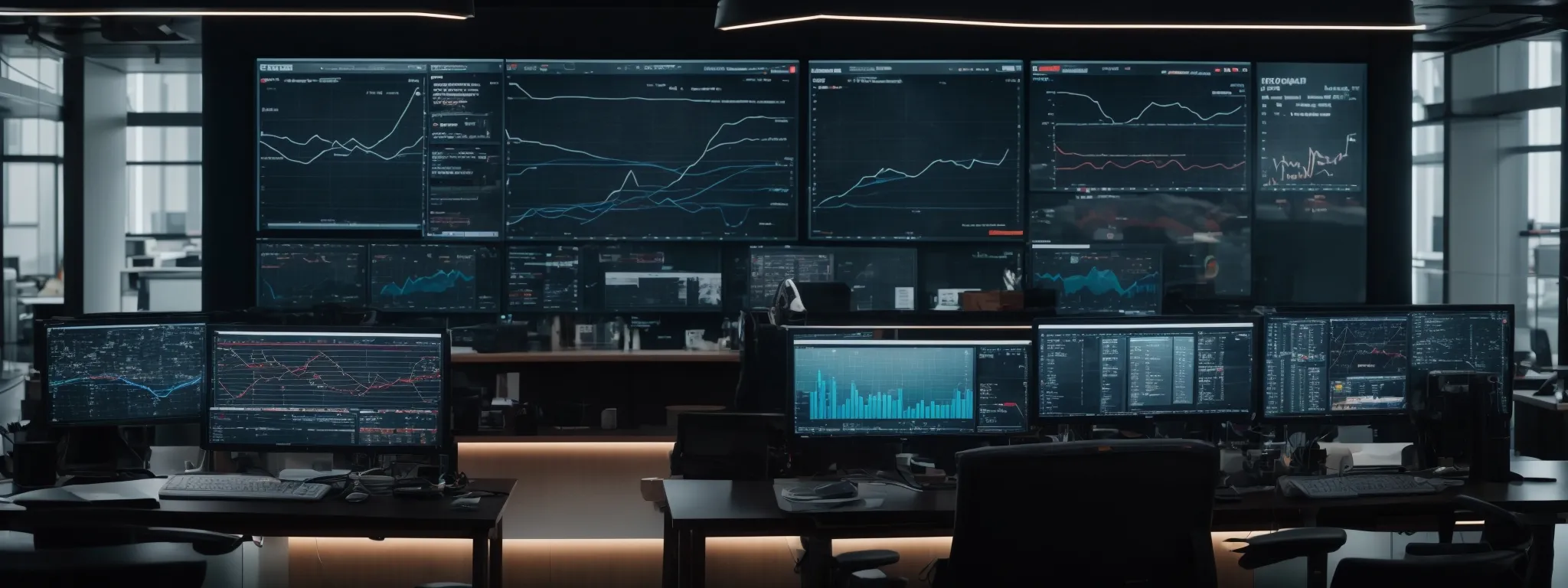 a futuristic office with multiple screens displaying graphs and ai technology interfaces.