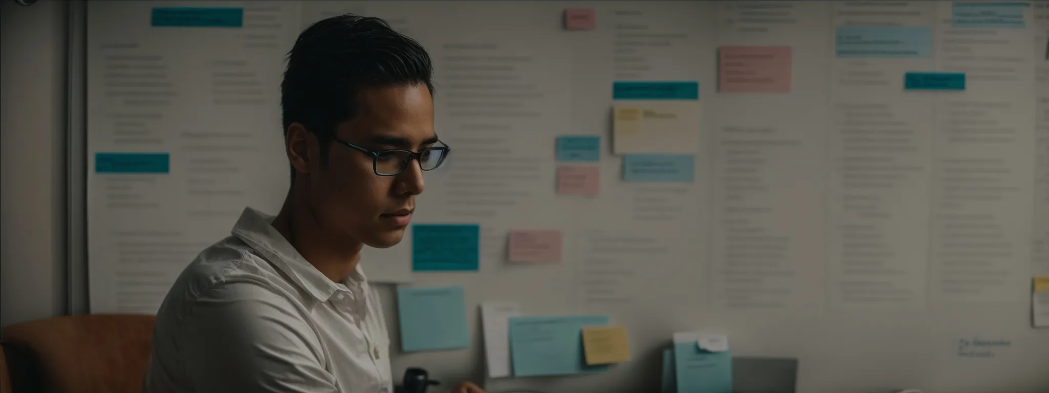 a person thoughtfully types on a laptop surrounded by marketing research notes and a whiteboard outlined with content strategy.