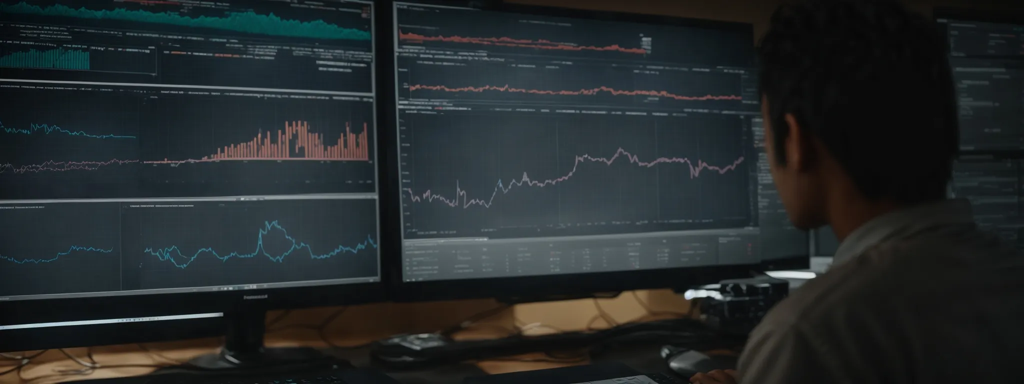 a person scrutinizing complex graphs and charts on a computer dashboard that displays website traffic analytics.
