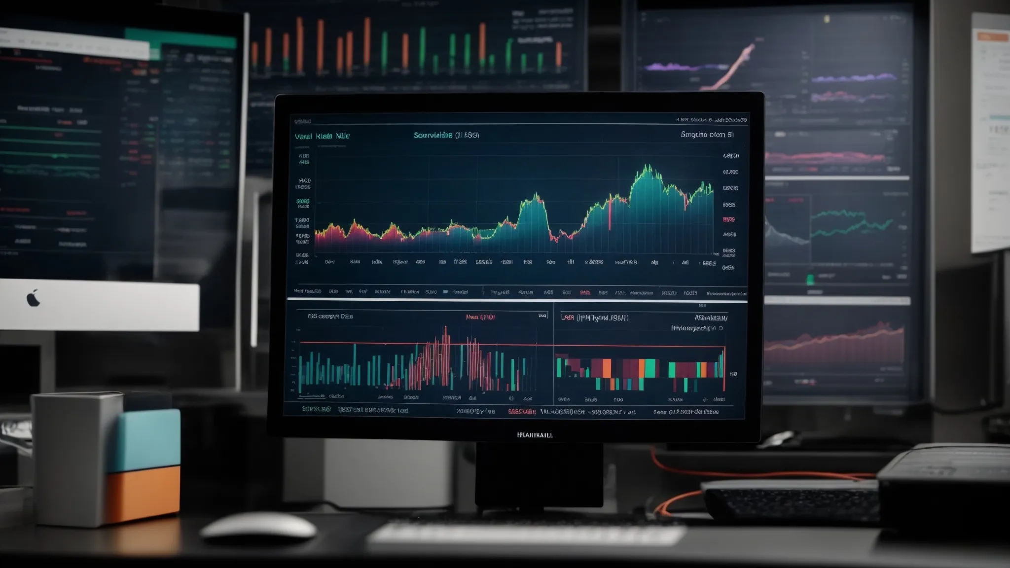 a computer monitor displaying a variety of colorful graphs and charts representing search term analysis.