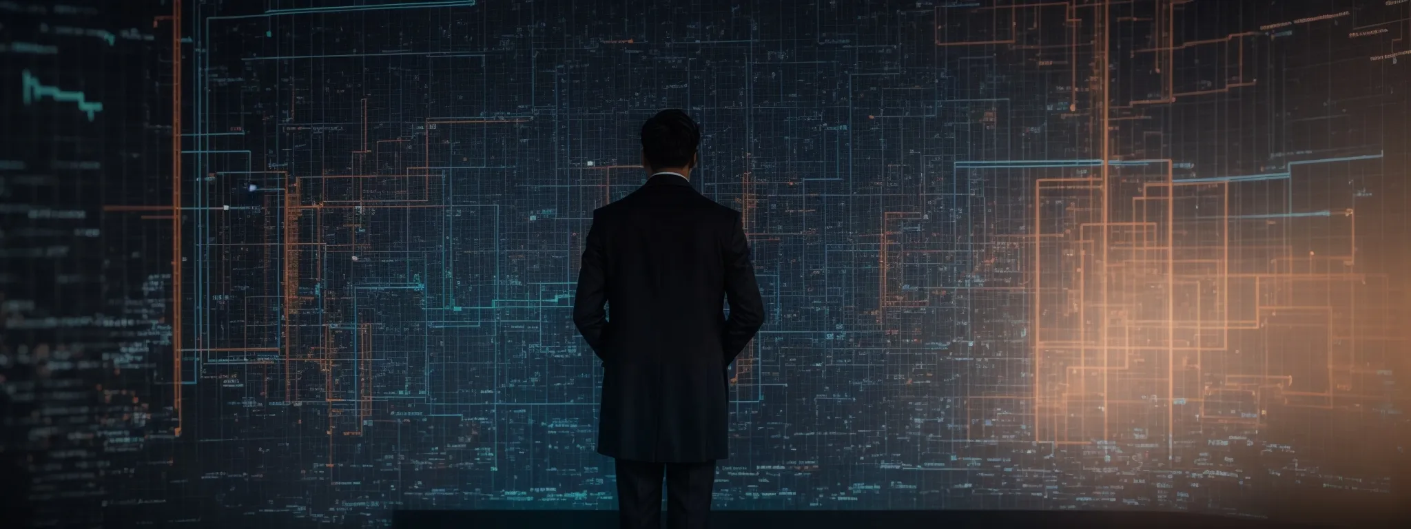 a person silhouetted against a backdrop of graph lines and marketing icons studies a glowing screen displaying various digital marketing analytics.