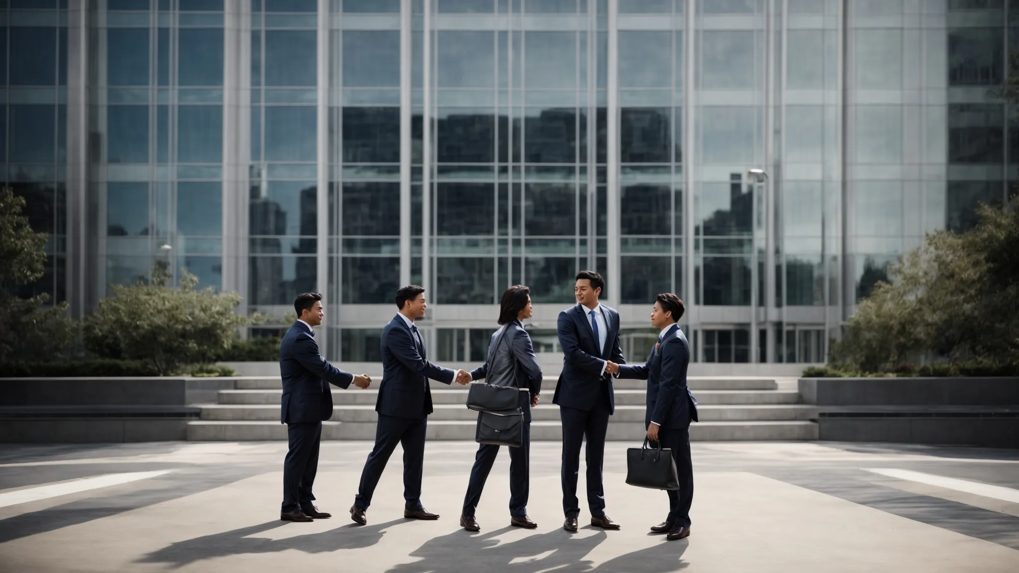 a group of professionals shaking hands in front of two modern corporate buildings, symbolizing a business acquisition.