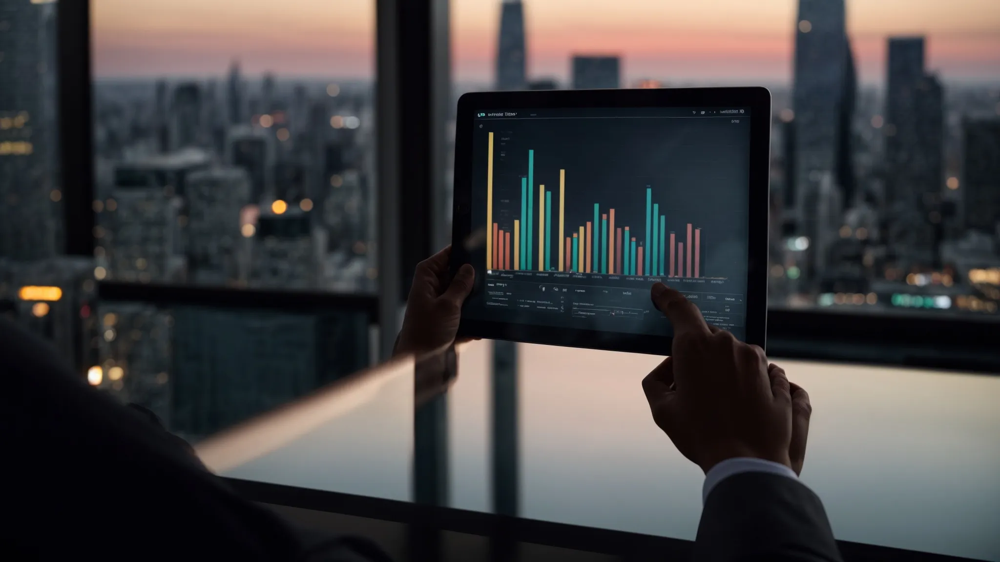 a business person is analyzing a growth chart on a digital tablet in front of a city skyline at dusk, symbolizing strategic planning for an seo agency.