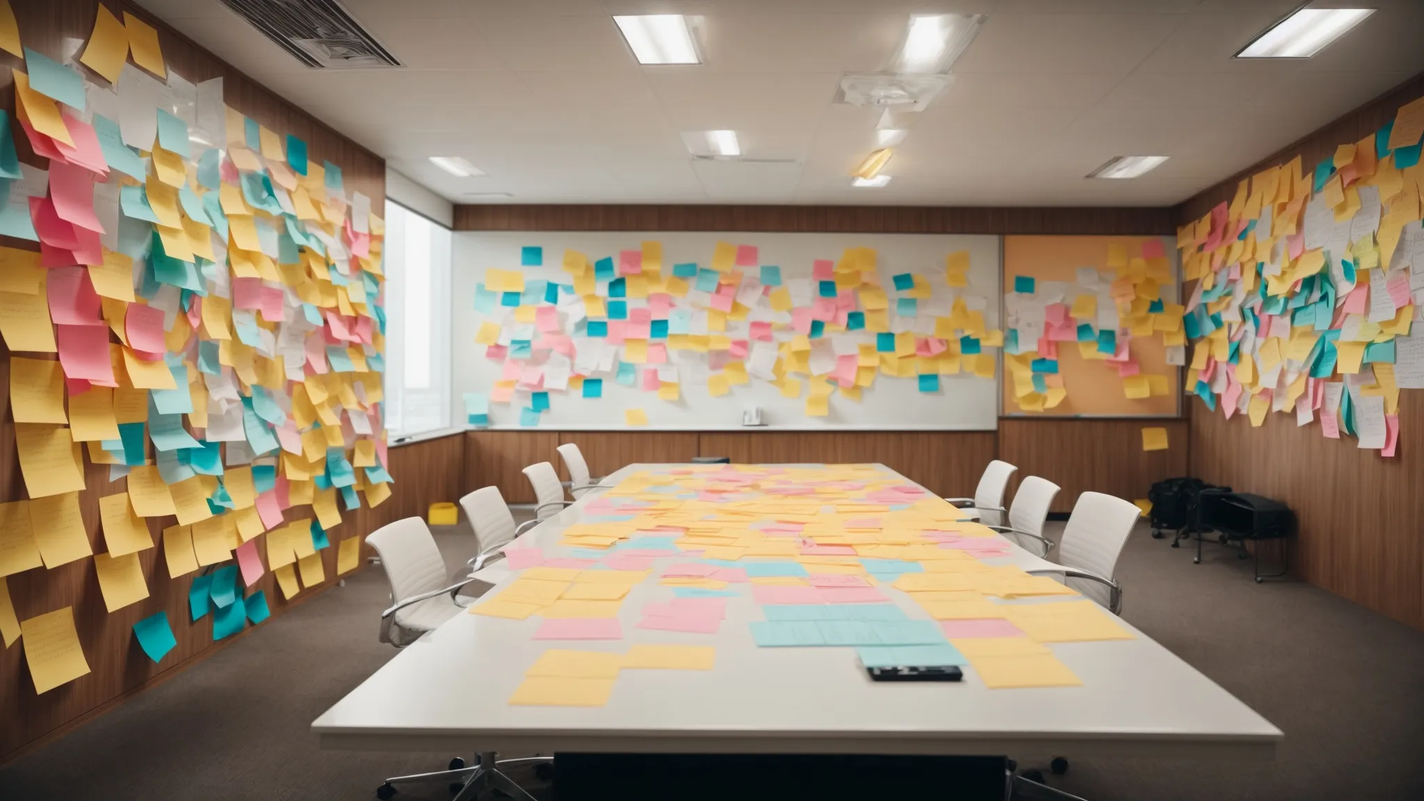 a conference room with a large whiteboard covered in colorful sticky notes and diagrams during a brainstorming session.