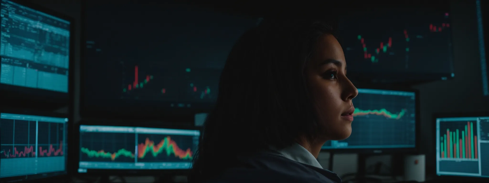 a person gazes intently at a computer screen filled with colorful analytics and seo data charts.