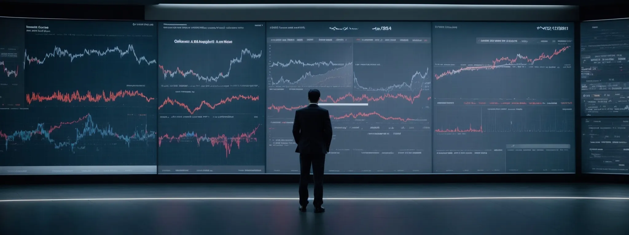 an seo analyst stands before a giant, interactive digital display showing fluctuating search engine rankings and data analytics.