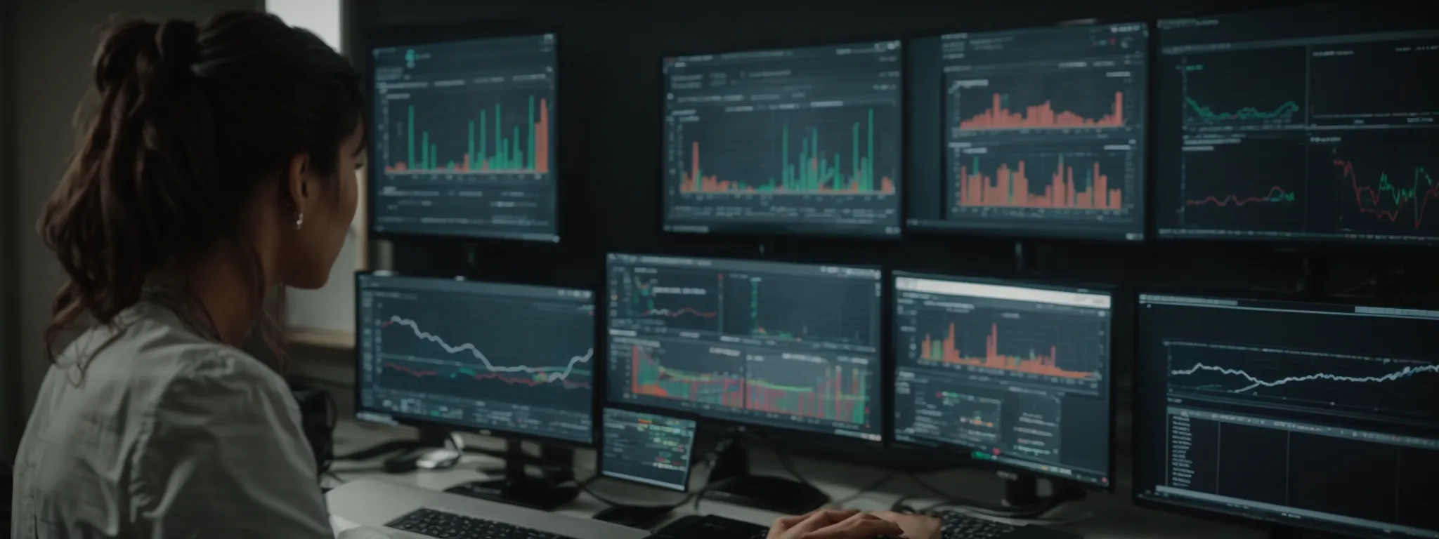 a digital marketer is reviewing analytics on a computer dashboard, monitoring the growth in web traffic and engagement metrics.