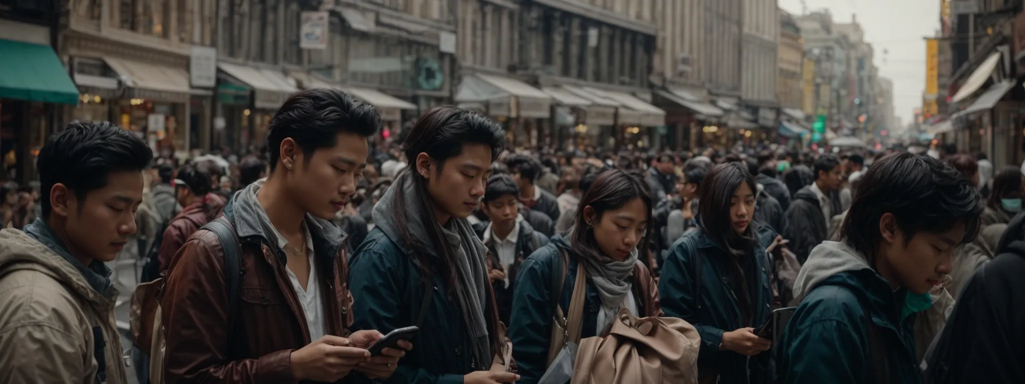 a bustling street where people are engrossed in their smartphones, immersed in a world of digital engagement.