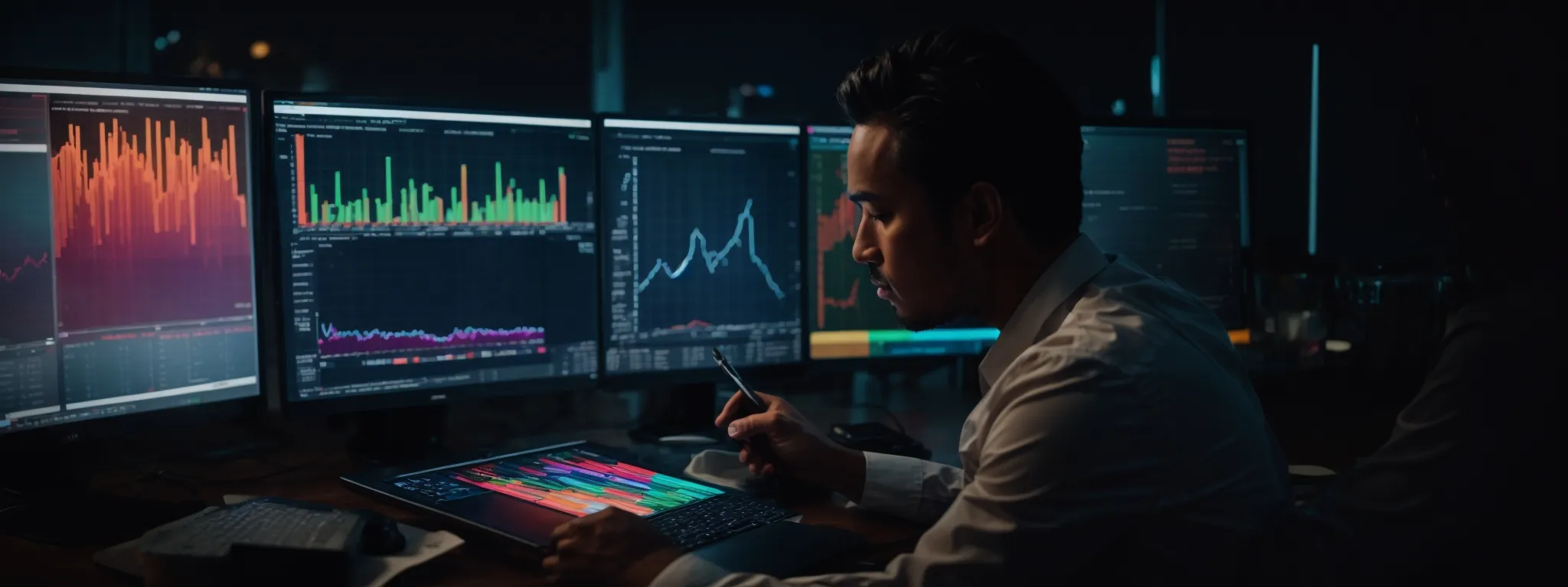 a marketer analyzing colorful graphs on a computer screen depicting user behavior and conversion metrics.