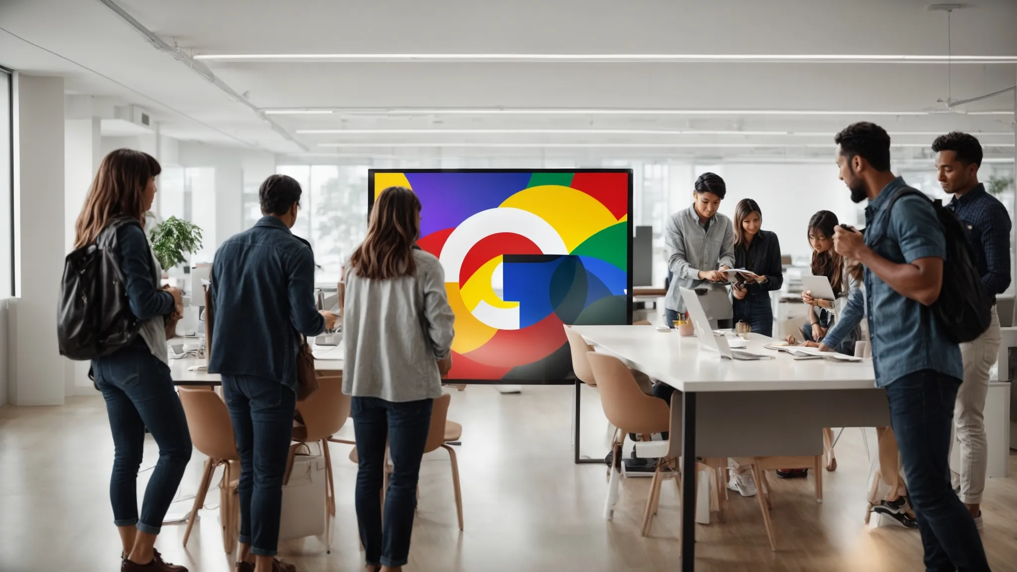 a group of people gathered around a table in a modern office, looking at a bright screen displaying the familiar google homepage colors without any distinguishing logos, letters, hands, or fine details.