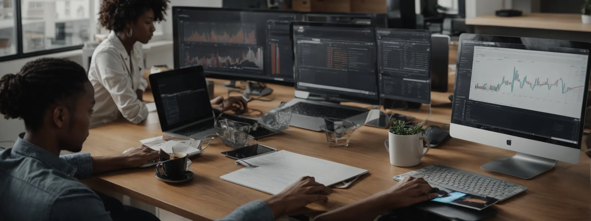 a diverse marketing team discusses strategies over a clutter-free table with a laptop displaying analytics graphs.