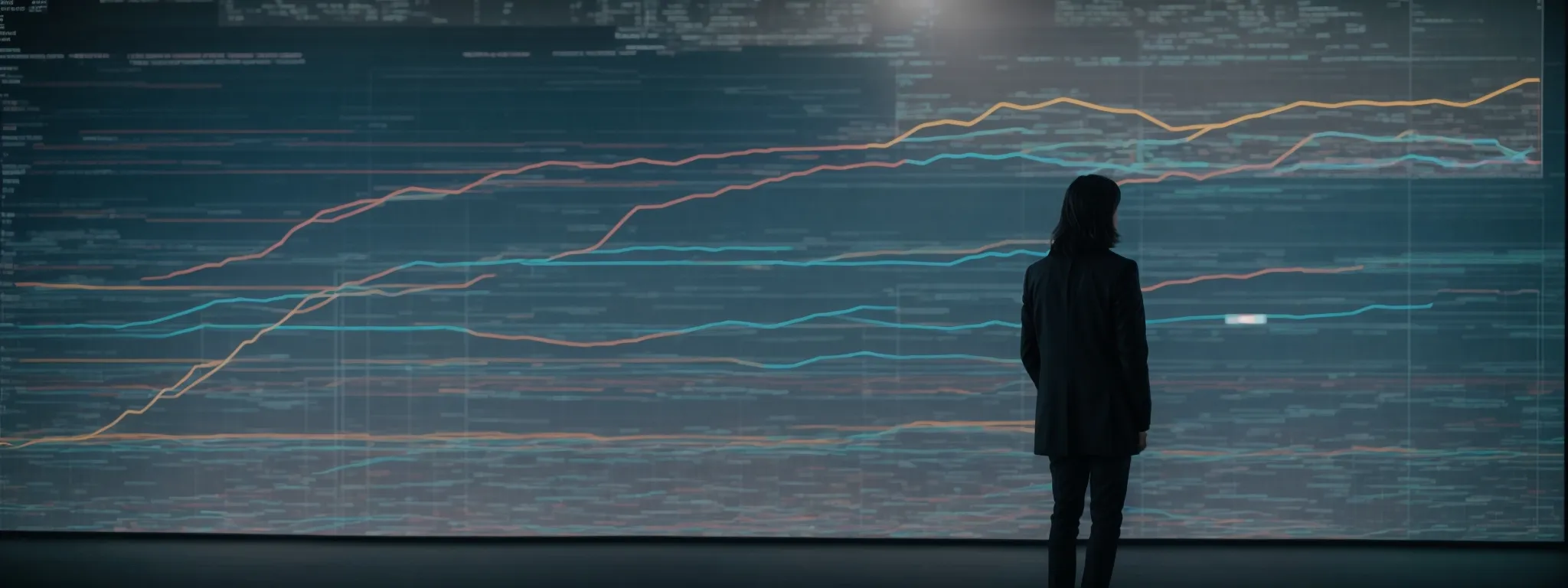 a person stands before a large screen, graphically illustrating complex data with engaging visuals and animations.