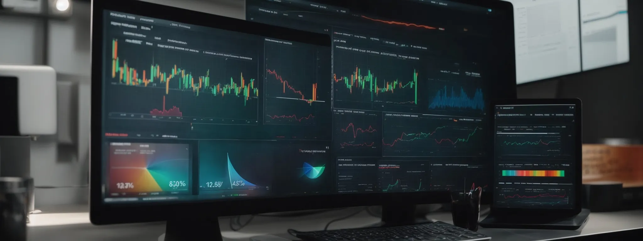 Multiple computer monitors display various financial charts, graphs, and market data in a modern office setting.