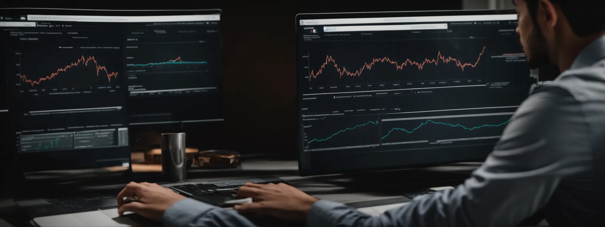 a digital marketing analyst studies graphs on a computer dashboard, reflecting website traffic and seo performance.