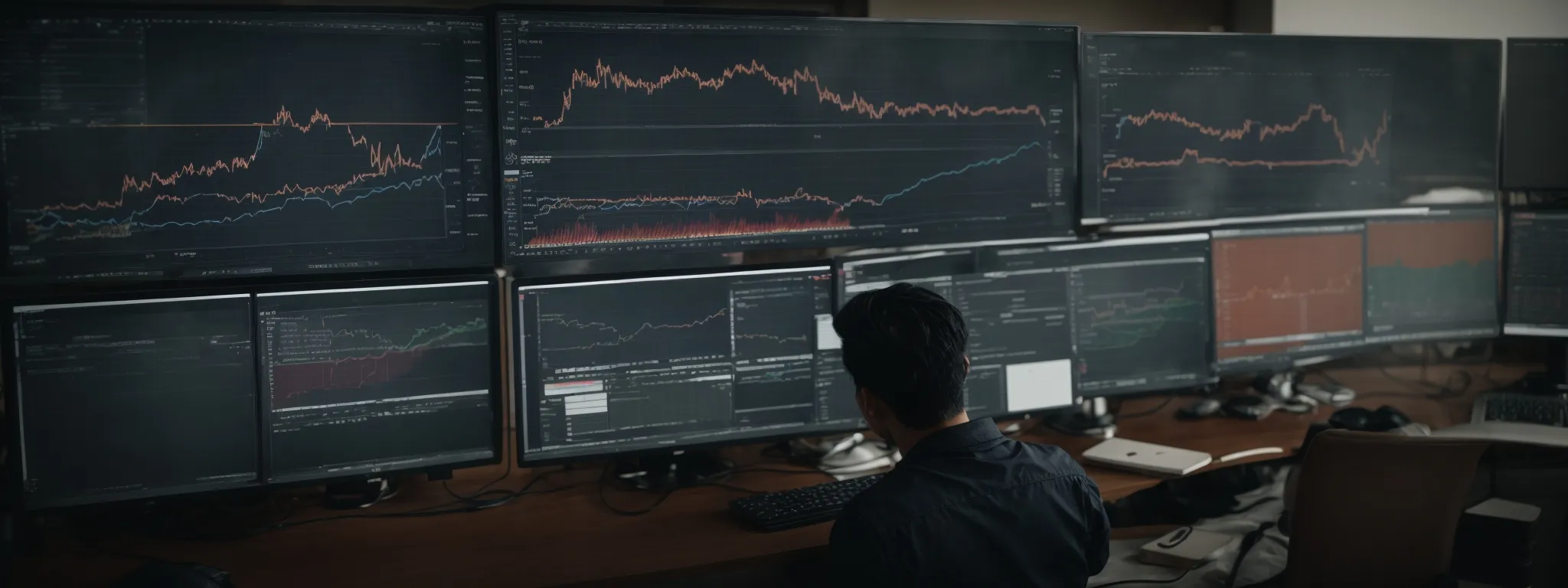 a person sitting at a computer analyzing a complex chart showing website analytics and traffic patterns.
