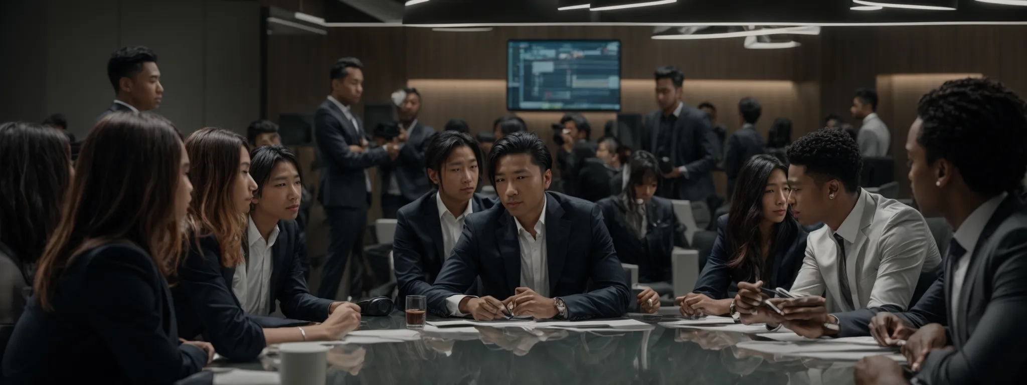 a diverse group of professionals congregates around a conference table, strategizing over a large glowing screen displaying web analytics.