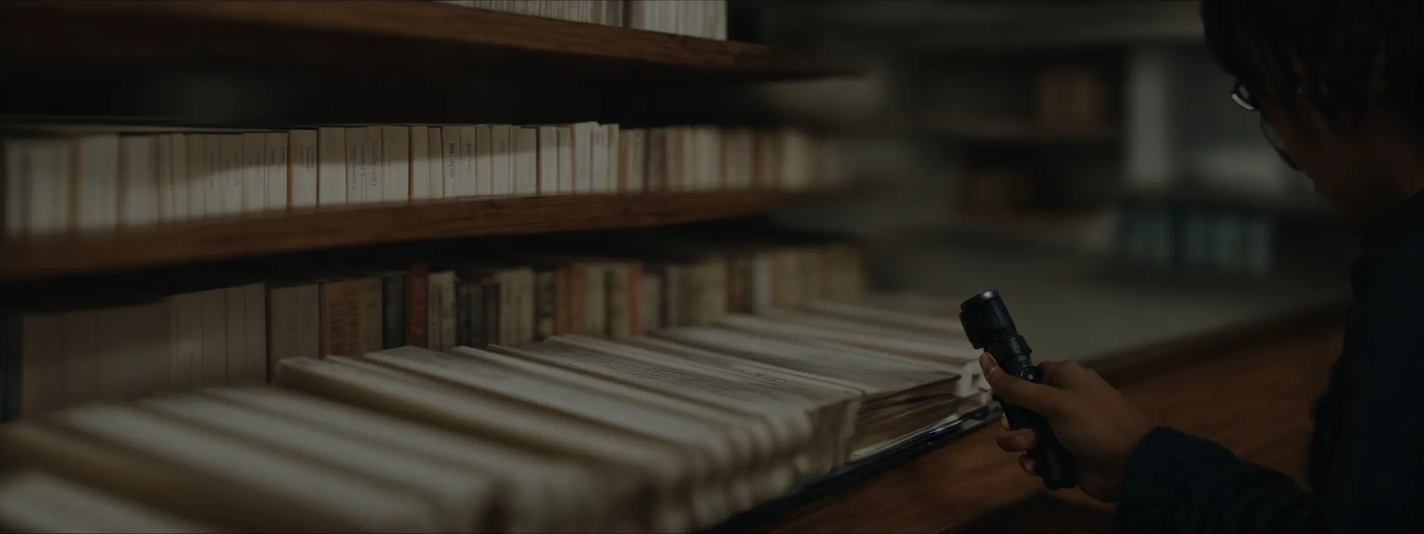 a person browsing through an organized digital library with a magnifying glass hovering over a visible search bar.