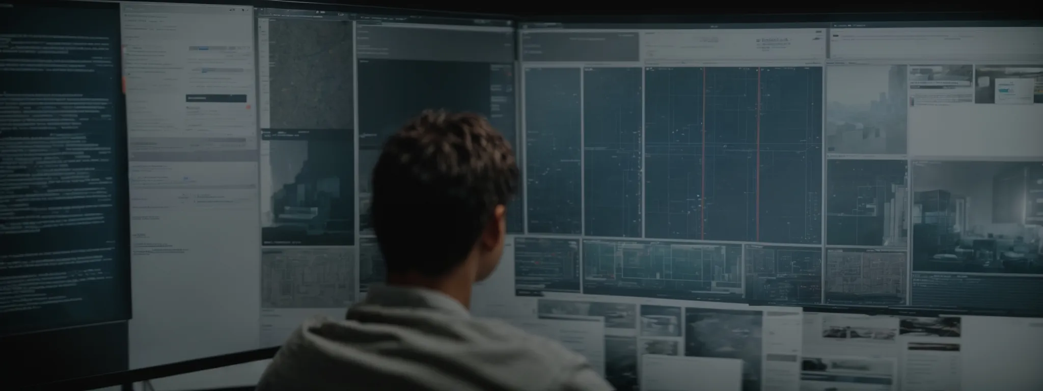 a webmaster reviews a digital visualization of a website's architecture, highlighting interconnected webpages.