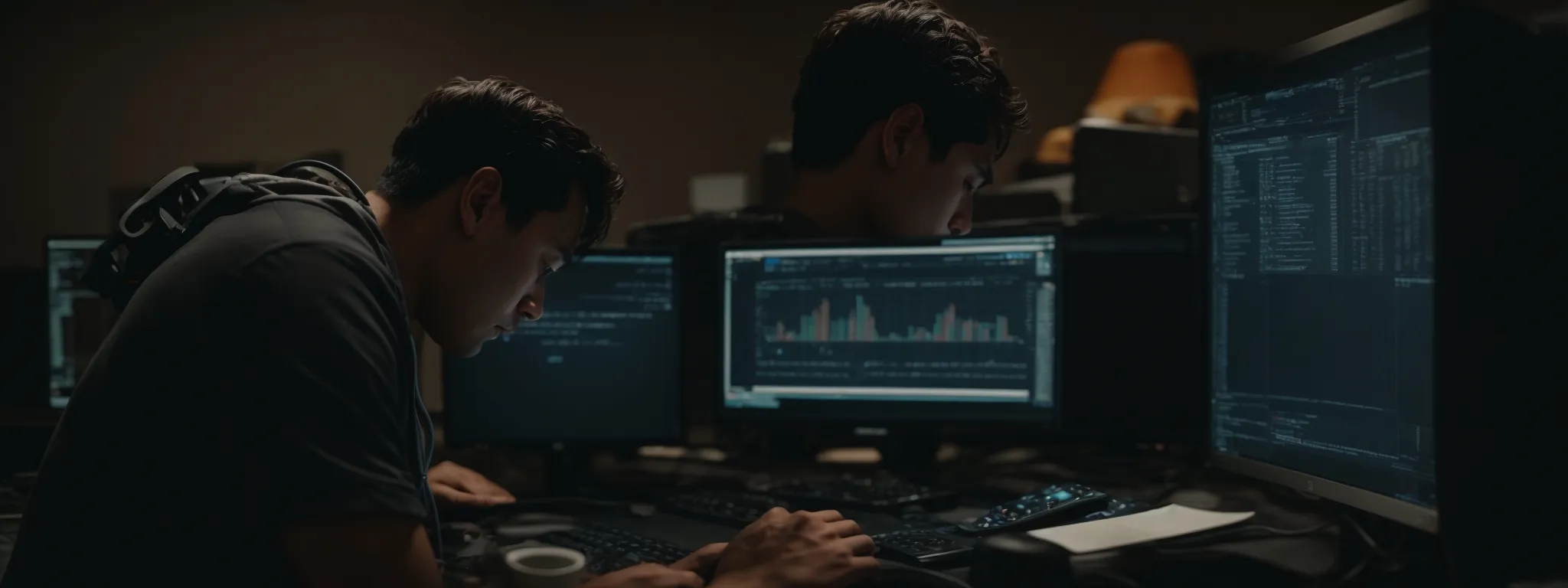 Two people sit in front of multiple computer monitors displaying code and data charts in a dimly lit room, appearing focused on their work.