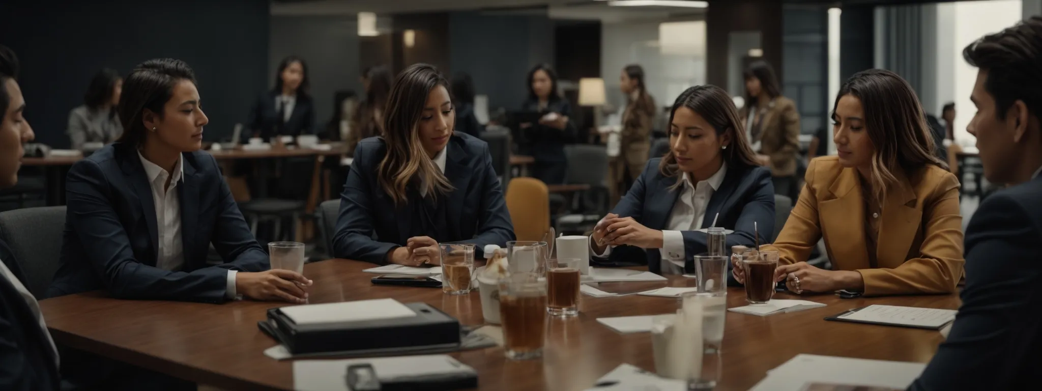 a busy marketing team collaborates around a conference table, strategizing over a digital campaign.