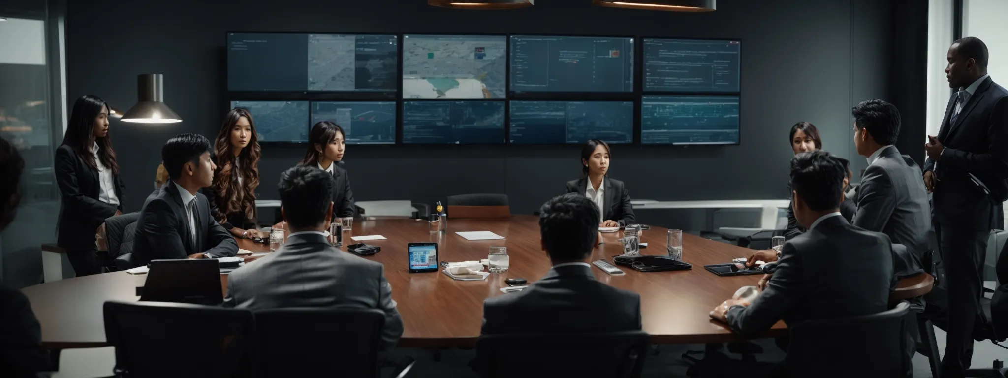 a diverse group of professionals gather around a conference table, intently strategizing with digital tablets and visual analytics on screens.