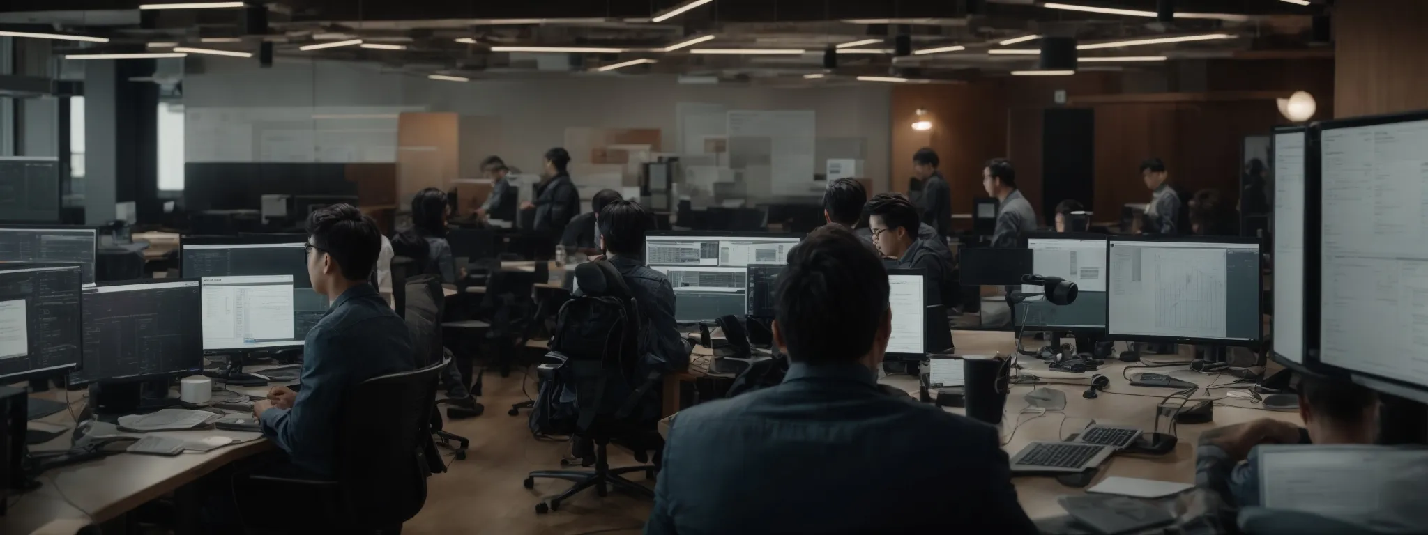 a team of professionals gathers around a large table, intently analyzing data on computer screens, mapping out a strategic seo framework.