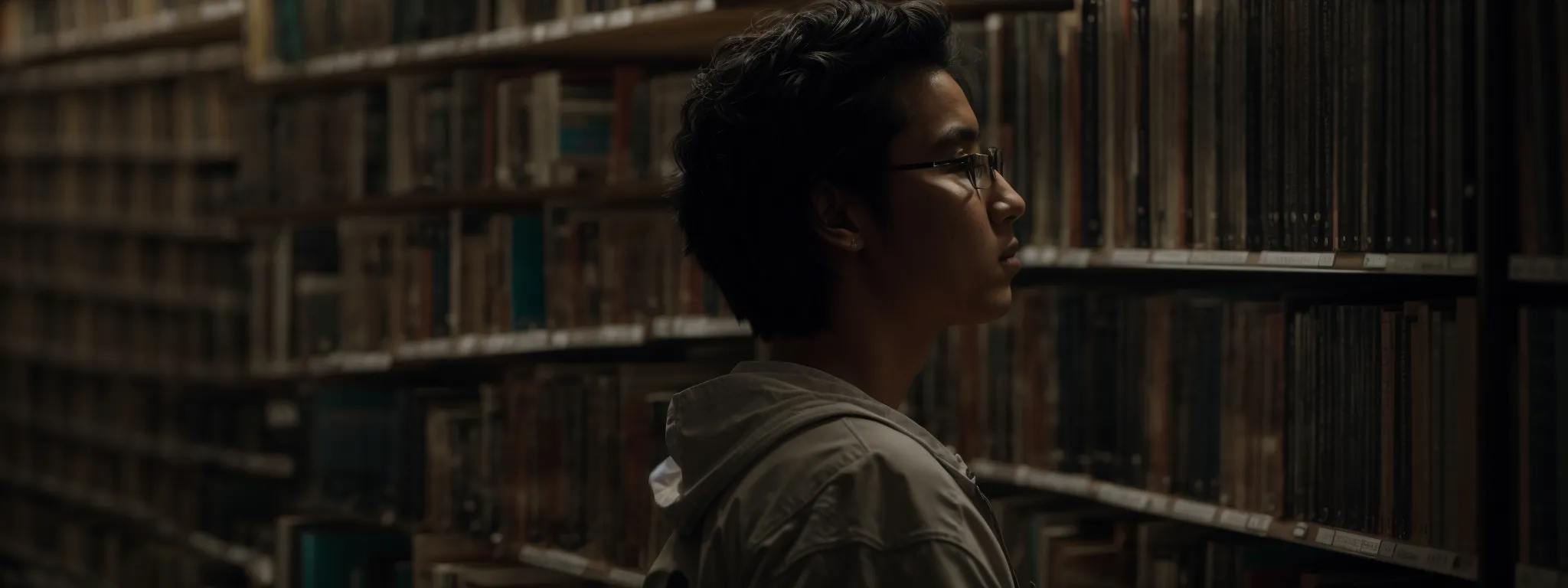 a scholar intently studies a computer screen displaying search results amidst a library of dense academic journals.