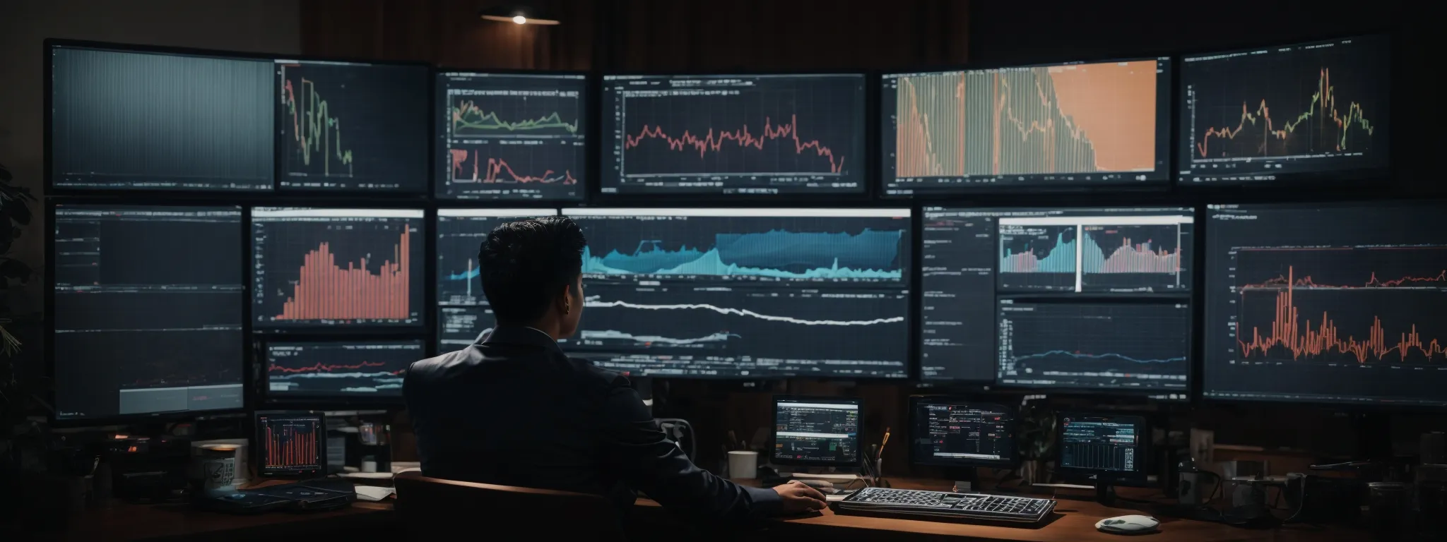 a person sitting at a computer with multiple screens displaying various graphs and analytics charts.