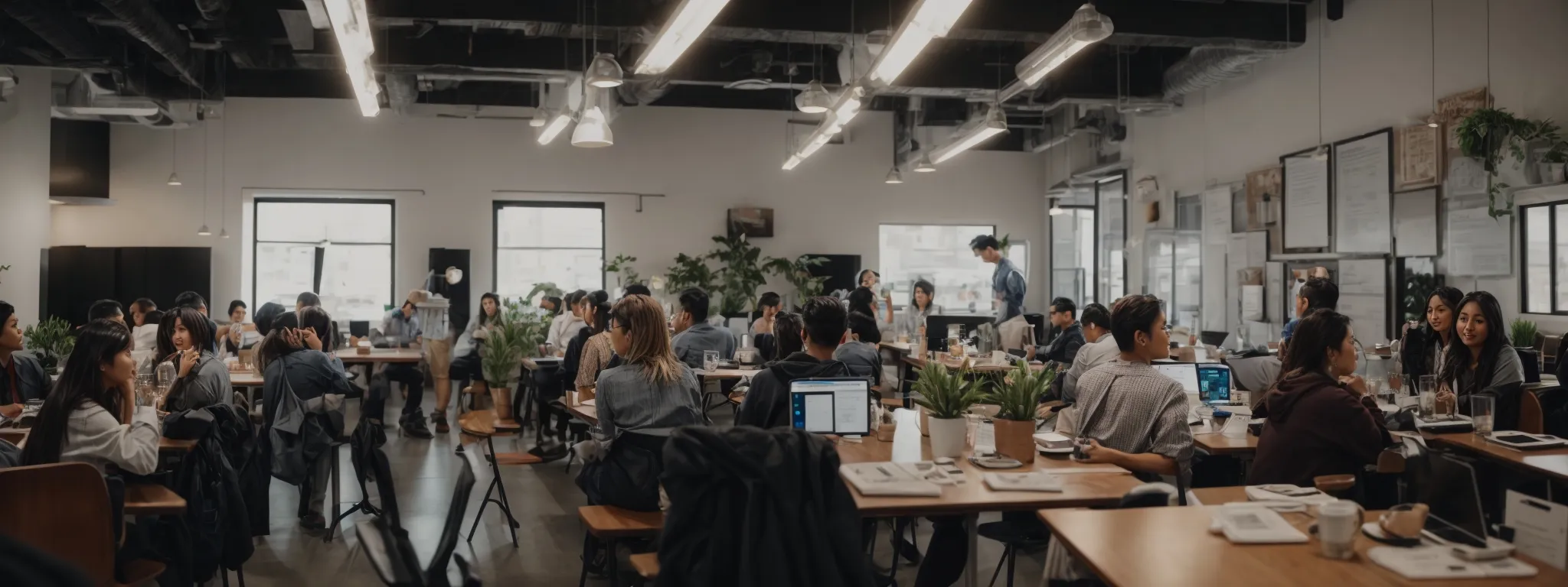 Large, modern open-plan office with many people working at desks, using laptops and having discussions; natural light and indoor plants decorate the space.