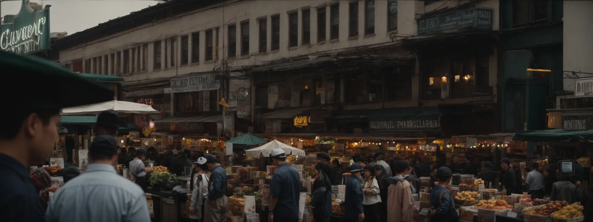 a bustling cleveland marketplace with diverse storefronts and visible local activity.