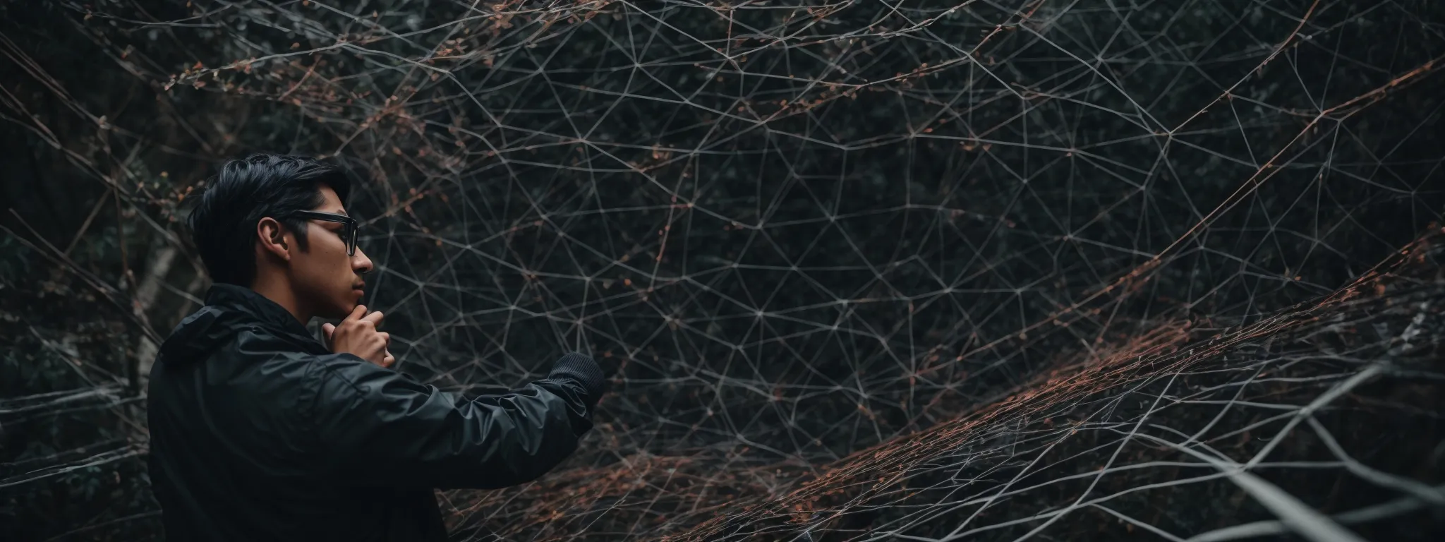 a professional navigating a complex web-like structure symbolizing the technical intricacies of seo optimization.
