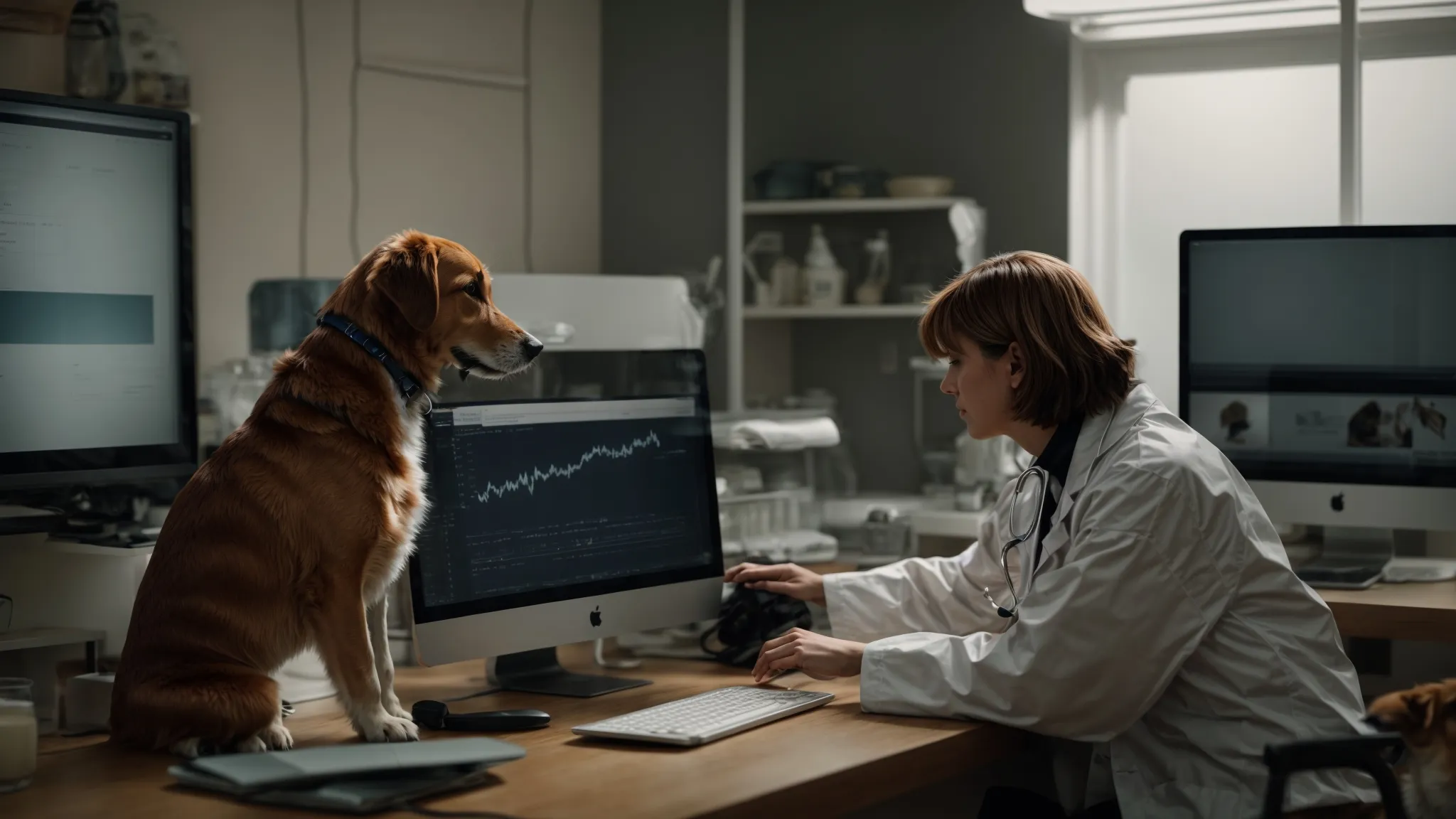 a veterinarian examines a dog on a table while a computer screen displaying search engine results is visible in the background.