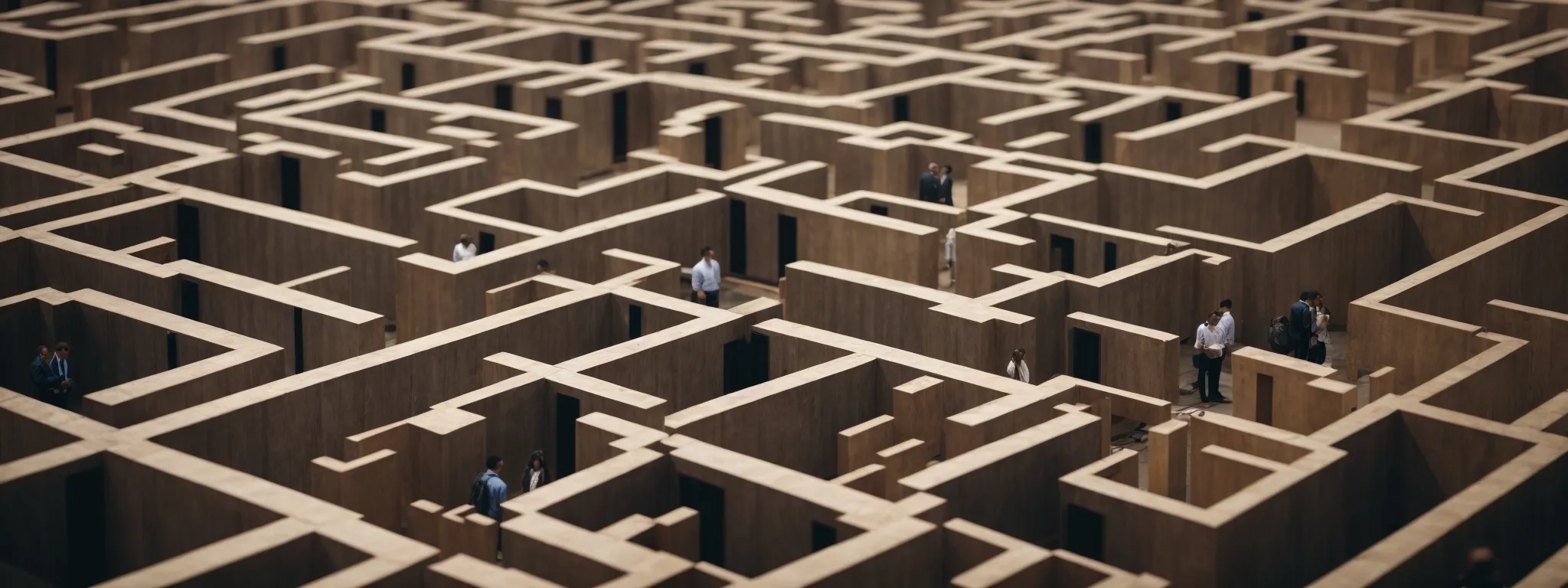 a maze of partitions symbolizing the complexity of market segments with professionals at various crossroads deciding which path to take.