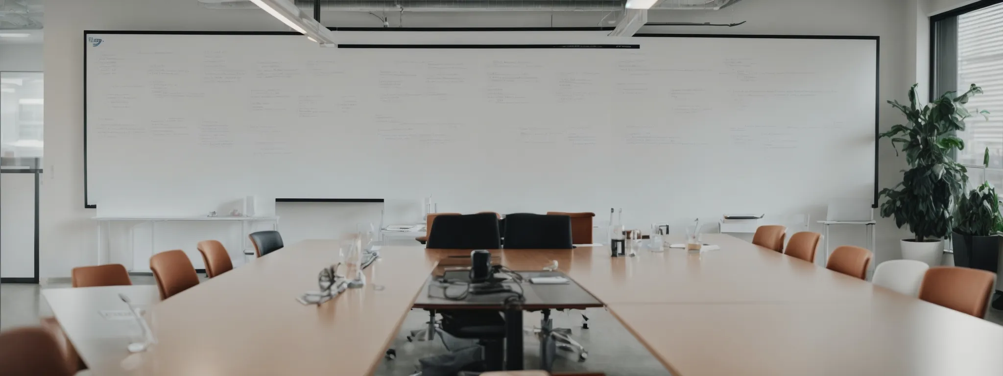 a conference room with a large whiteboard filled with seo and cro strategy plans.