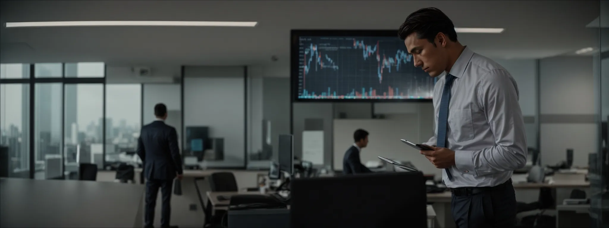 a man in a business suit examining a graph on a large monitor within a modern office setting.