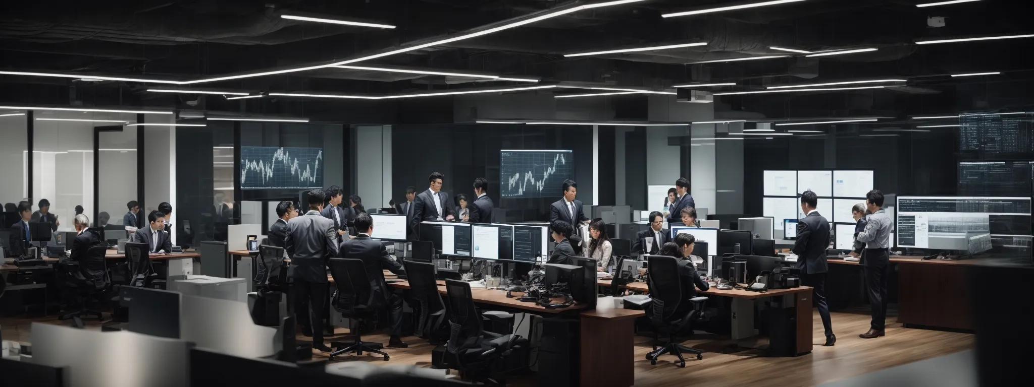 a modern office with bustling professionals collaborating around a digital screen displaying graphs and analytics.