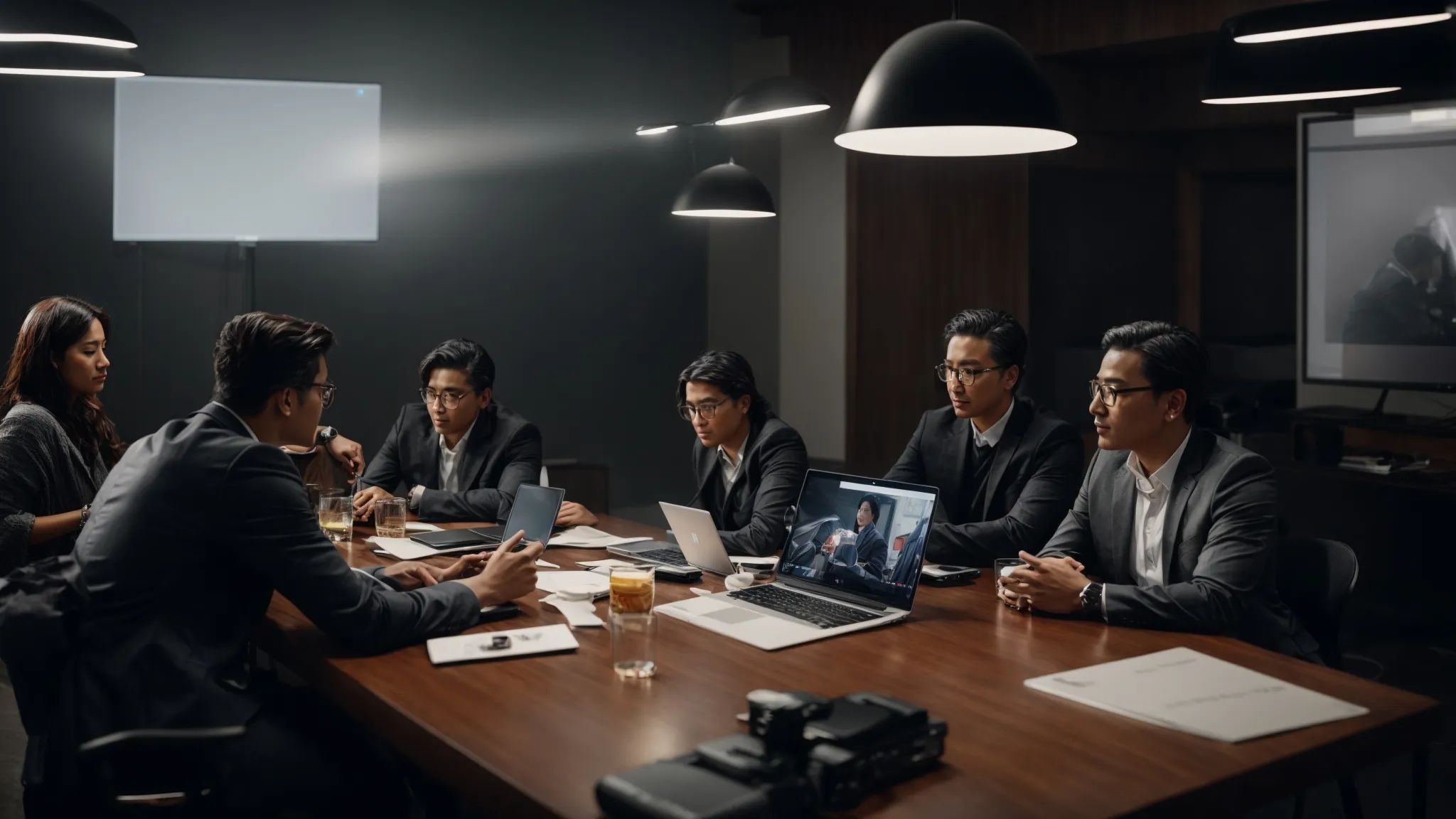 a team of professionals gathered around a table with laptops and a projector, discussing strategies for a digital marketing campaign.