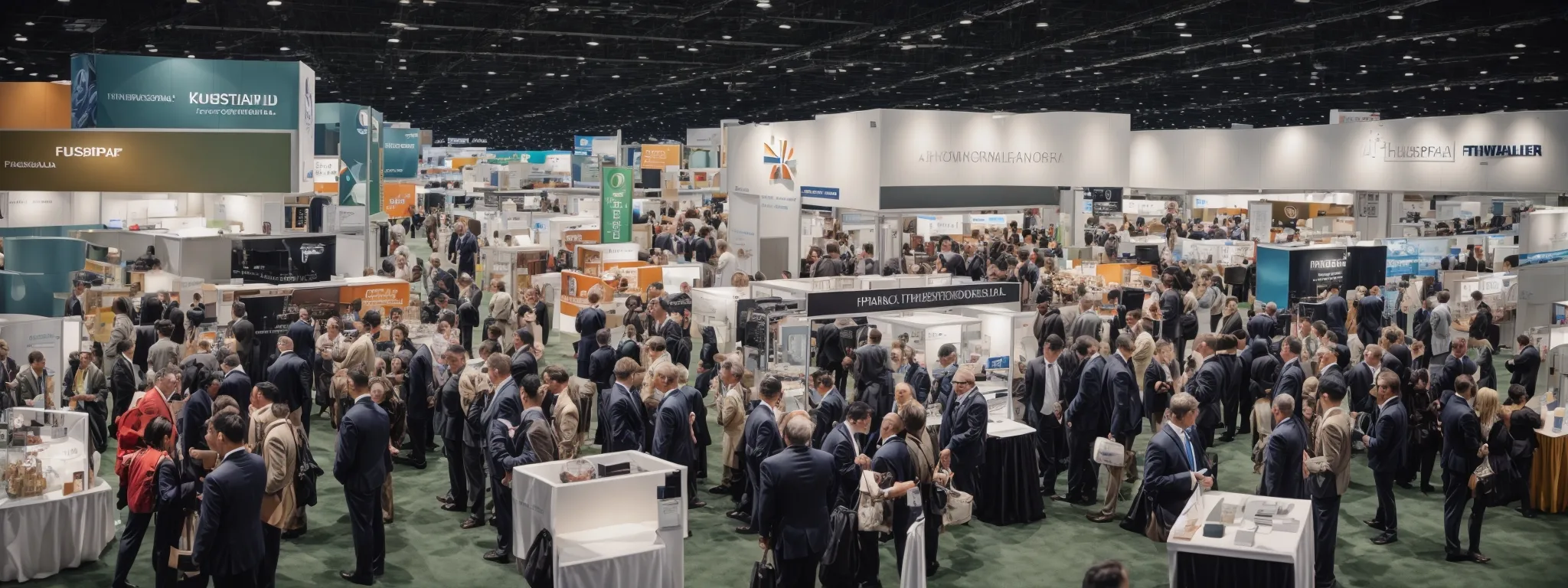 a bustling trade show floor with various vendor booths and industry professionals engaging in conversations.