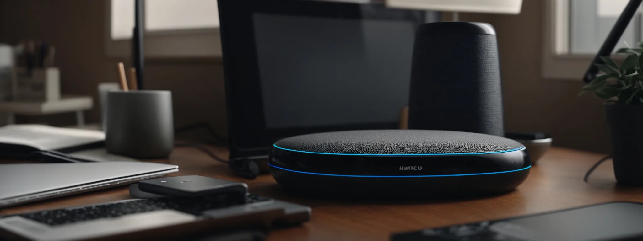 a person speaking into a smart speaker on a modern desk with a laptop and notebook beside it, symbolizing a focus on seo strategy for voice search technology.