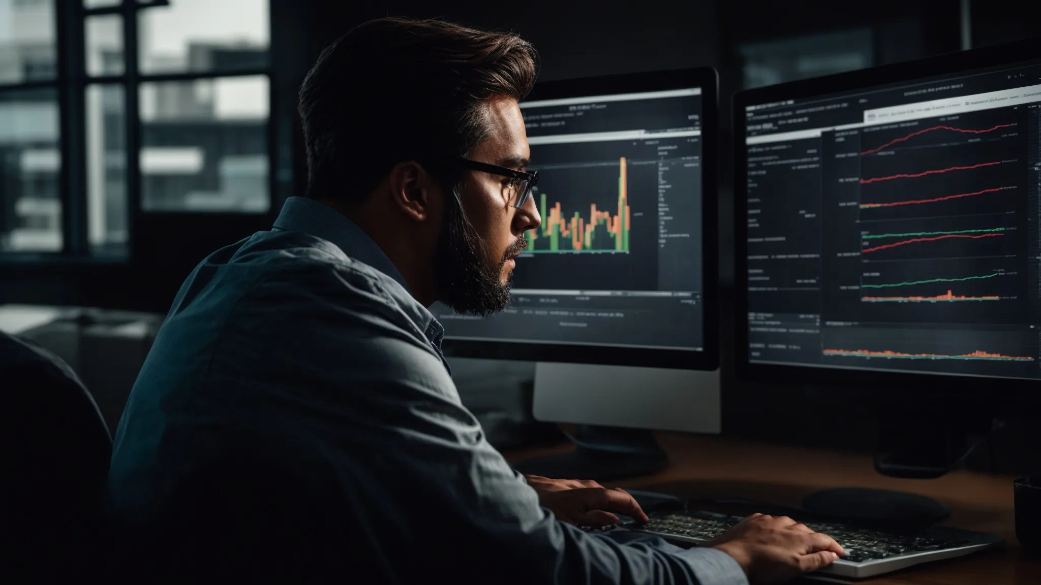 a strategist examines a computer screen displaying graphs of website traffic growth and conversion rate improvements.