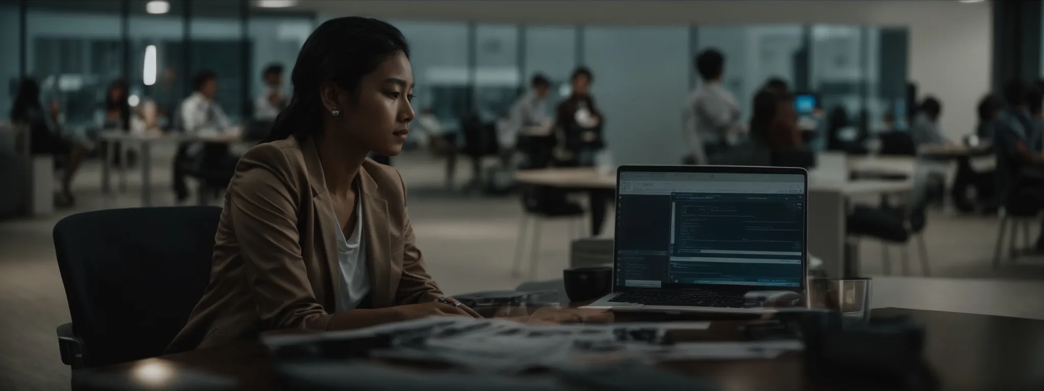 an individual sits in a well-lit, modern study room, attentively navigating through an online link building course on a sleek, up-to-date computer.
