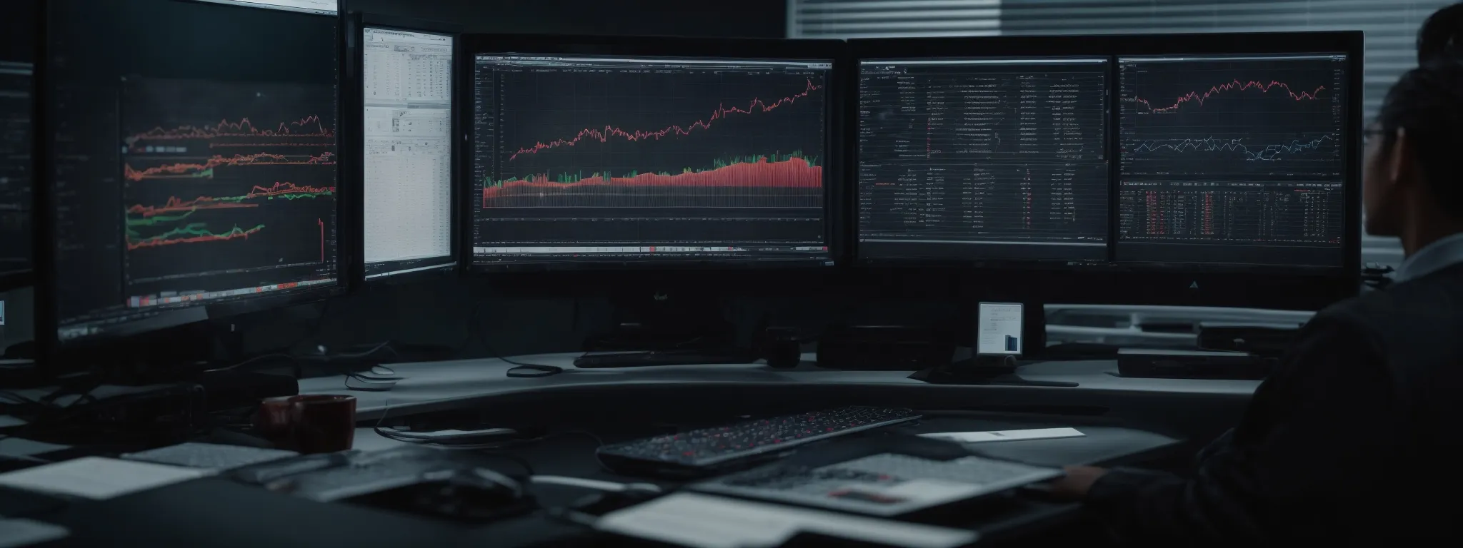 a person sitting at a modern workstation with dual monitors displaying charts and graphs indicative of seo performance analysis.