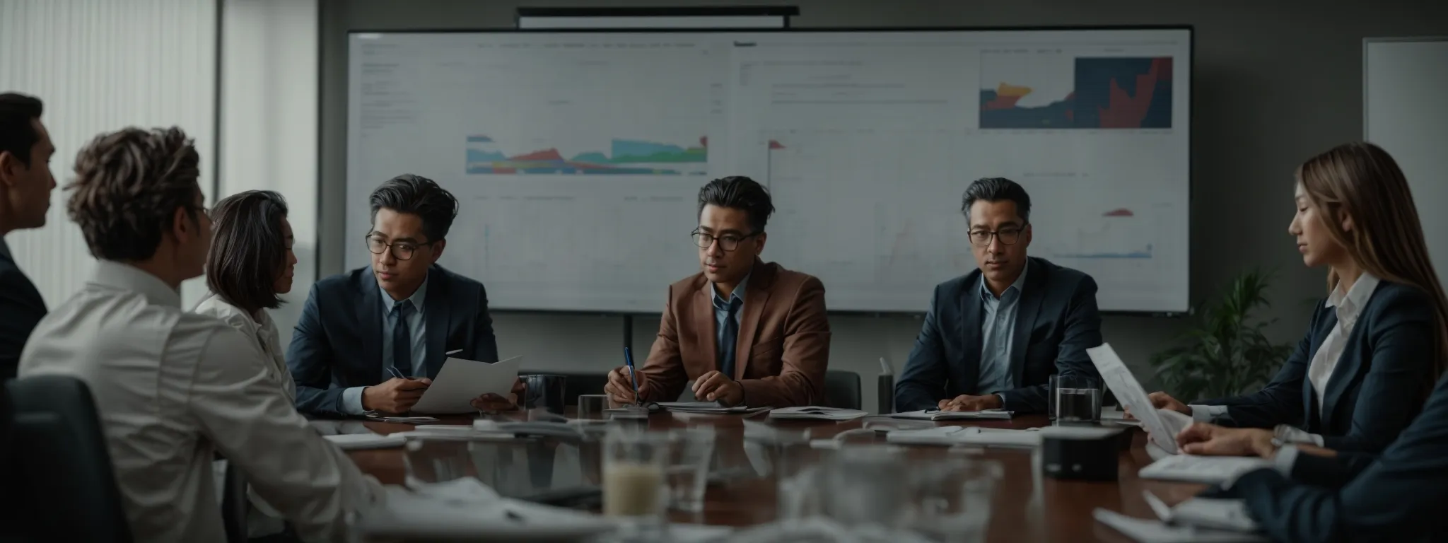 a group of professionals gathered around a conference table, analyzing charts and discussing strategies.