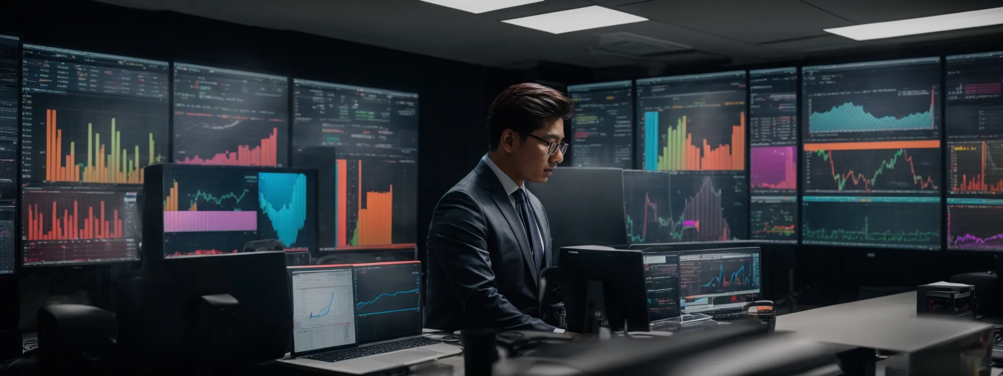 a modern office with large computer screens displaying colorful graphs and charts while a professional analyzes the data.