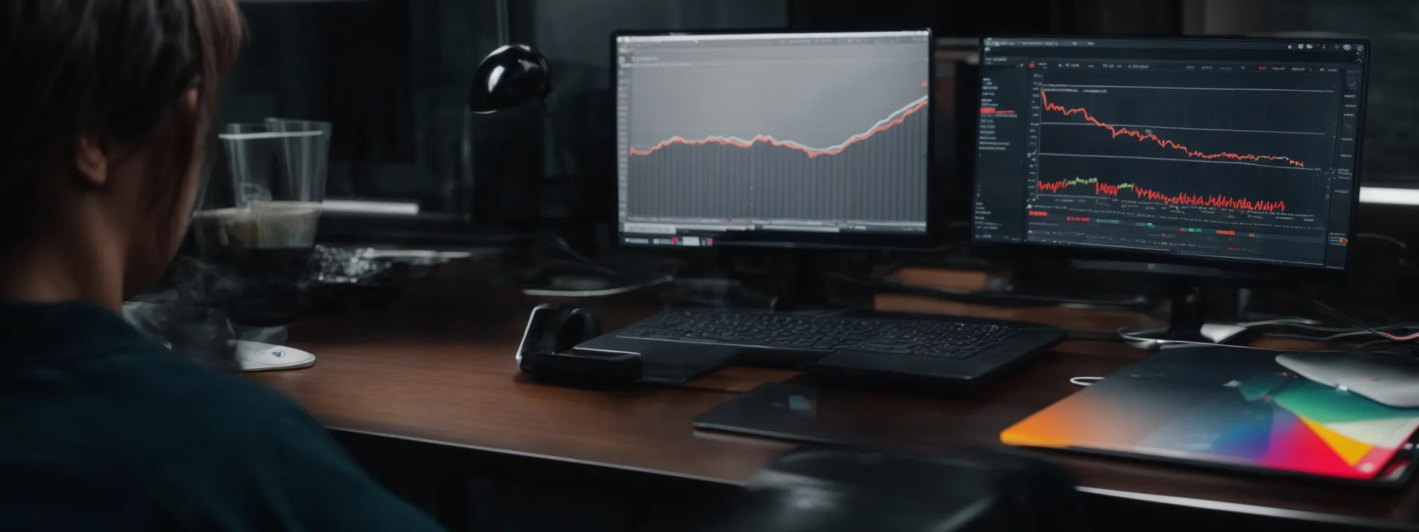 a person sitting at a modern desk interacts with a mobile device and a laptop displaying colorful graphs and statistics.