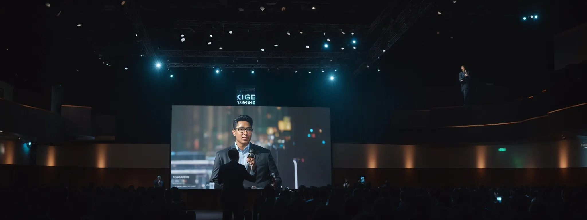 a marketer is presenting a digital funnel strategy on a large screen to an audience at a digital marketing conference.